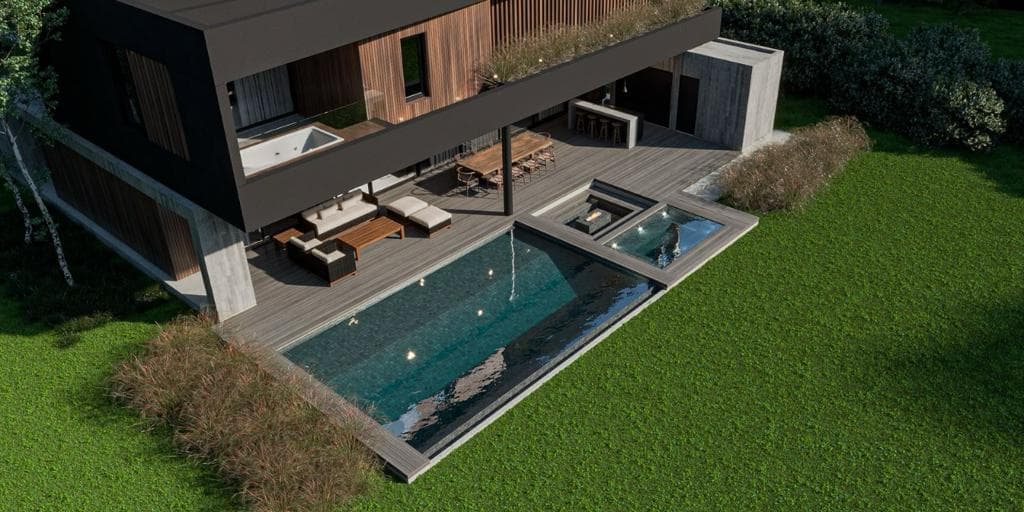 Render aéreo — planta exterior